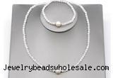 CFN601 4mm faceted round white moonstone & potato white freshwater pearl jewelry set