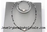 CFN611 4mm faceted round black rutilated quartz & potato white freshwater pearl jewelry set