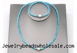 CFN617 4mm faceted round turquoise & potato white freshwater pearl jewelry set