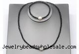 CFN627 4mm faceted round black spinel & potato white freshwater pearl jewelry set