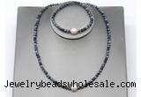 CFN629 4mm faceted round snowflake obsidian & potato white freshwater pearl jewelry set
