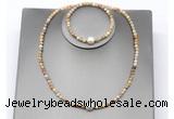 CFN634 4mm faceted round yellow crazy lace agate & potato white freshwater pearl jewelry set