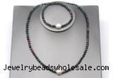 CFN637 4mm faceted round Indian bloodstone & potato white freshwater pearl jewelry set