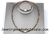 CFN638 4mm faceted round picasso jasper & potato white freshwater pearl jewelry set