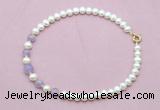 CFN705 9mm - 10mm potato white freshwater pearl & lavender amethyst necklace