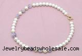 CFN707 9mm - 10mm potato white freshwater pearl & lavender amethyst necklace