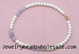 CFN708 9mm - 10mm potato white freshwater pearl & lavender amethyst necklace