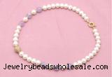 CFN709 9mm - 10mm potato white freshwater pearl & lavender amethyst necklace