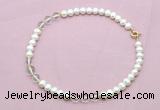 CFN710 9mm - 10mm potato white freshwater pearl & white crystal necklace