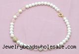 CFN711 9mm - 10mm potato white freshwater pearl & rose quartz necklace