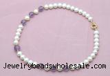 CFN712 9mm - 10mm potato white freshwater pearl & amethyst necklace