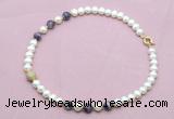 CFN713 9mm - 10mm potato white freshwater pearl & dogtooth amethyst necklace