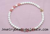 CFN715 9mm - 10mm potato white freshwater pearl & cherry quartz necklace