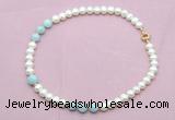 CFN716 9mm - 10mm potato white freshwater pearl & aquamarine necklace
