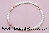 CFN721 9mm - 10mm potato white freshwater pearl & pink opal necklace
