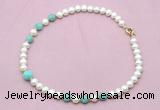 CFN722 9mm - 10mm potato white freshwater pearl & amazonite necklace