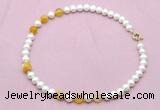 CFN729 9mm - 10mm potato white freshwater pearl & yellow banded agate necklace