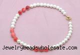 CFN730 9mm - 10mm potato white freshwater pearl & red banded agate necklace