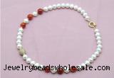 CFN731 9mm - 10mm potato white freshwater pearl & red banded agate necklace