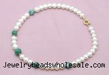 CFN732 9mm - 10mm potato white freshwater pearl & green banded agate necklace
