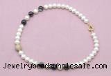 CFN733 9mm - 10mm potato white freshwater pearl & black banded agate necklace