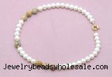 CFN734 9mm - 10mm potato white freshwater pearl & yellow crazy lace agate necklace
