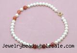 CFN737 9mm - 10mm potato white freshwater pearl & fire agate necklace