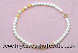 CFN740 9mm - 10mm potato white freshwater pearl & honey jade necklace