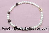 CFN756 9mm - 10mm potato white freshwater pearl & brecciated jasper necklace