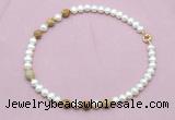 CFN759 9mm - 10mm potato white freshwater pearl & picture jasper necklace