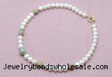 CFN761 9mm - 10mm potato white freshwater pearl & serpentine jasper necklace