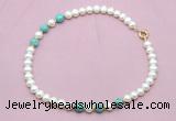 CFN762 9mm - 10mm potato white freshwater pearl & blue sea sediment jasper necklace