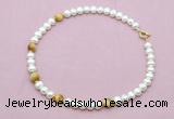 CFN765 9mm - 10mm potato white freshwater pearl & golden tiger eye necklace
