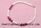 CFN767 9mm - 10mm potato white freshwater pearl & red tiger eye necklace