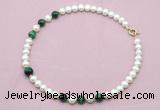 CFN768 9mm - 10mm potato white freshwater pearl & green tiger eye necklace