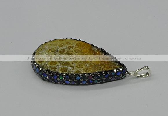 CGP3418 30*50mm - 35*55mm flat teardrop fossil coral pendants