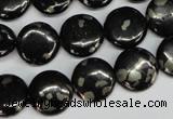 CJB158 15.5 inches 14mm flat round natural jet & pyrite gemstone beads