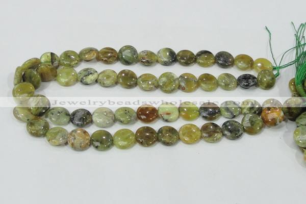 COP557 15.5 inches 14mm flat round natural yellow & green opal beads