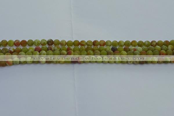 CRO1150 15.5 inches 4mm round matte green dragon serpentine jasper beads