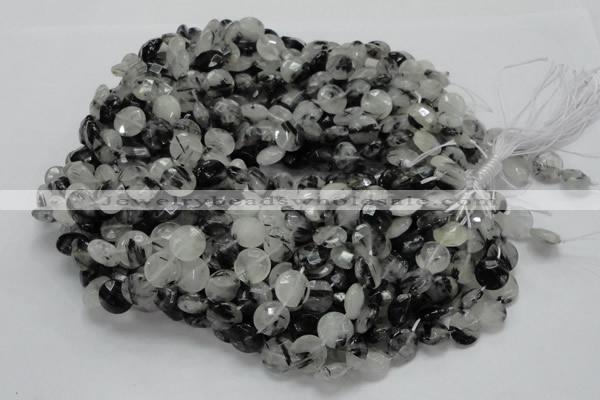 CRU03 15.5 inches 12mm faceted flat round black rutilated quartz beads