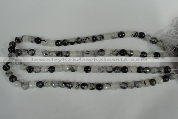 CRU313 15.5 inches 8mm faceted round black rutilated quartz beads