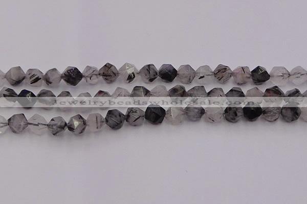 CRU513 15.5 inches 10mm faceted nuggets black rutilated quartz beads