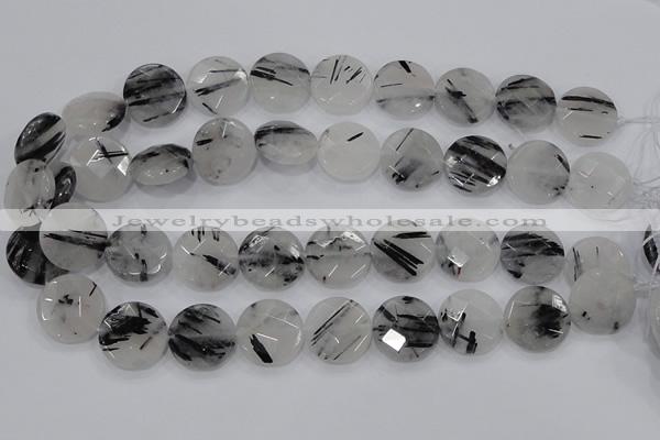 CRU98 15.5 inches 22mm faceted coin black rutilated quartz beads