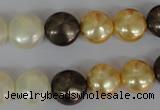 CSB185 15.5 inches 12mm flat round mixed color shell pearl beads