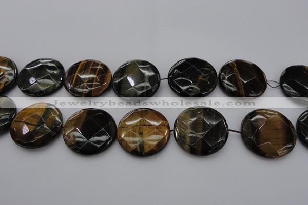 CTE1359 15.5 inches 35mm faceted coin yellow & blue tiger eye beads