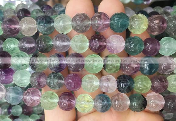 FGBS287 15 inches 10mm carved Lotus flower fluorite gemstone beads