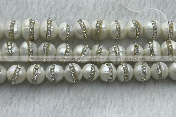 FWP345 9mm - 10mm potato white freshwater pearl with rhinestone beads