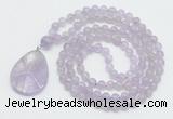 GMN4602 Hand-knotted 8mm, 10mm lavender amethyst 108 beads mala necklace with pendant