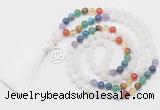 GMN6319 Knotted 7 Chakra white jade 108 beads mala necklace with tassel & charm