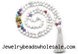 GMN8602 Hand-knotted 7 Chakra 8mm, 10mm white howlite 108 beads mala necklace with tassel